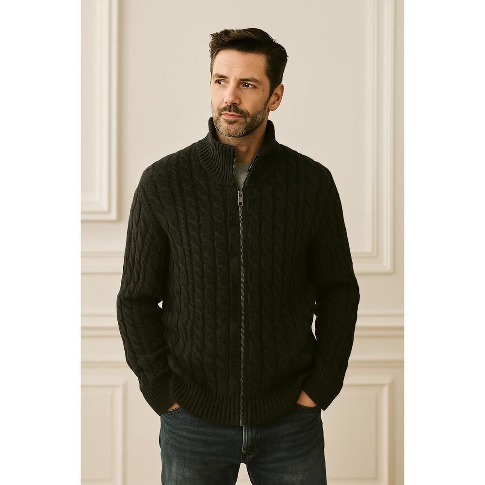 DKNY Men’s Full Zip Cashmere Cableknit‎ Sweater, Black size XL